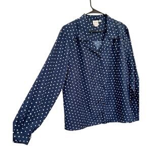 Vintage polyester blouse pleated shoulders navy polka dot XL 18 women 80s retro